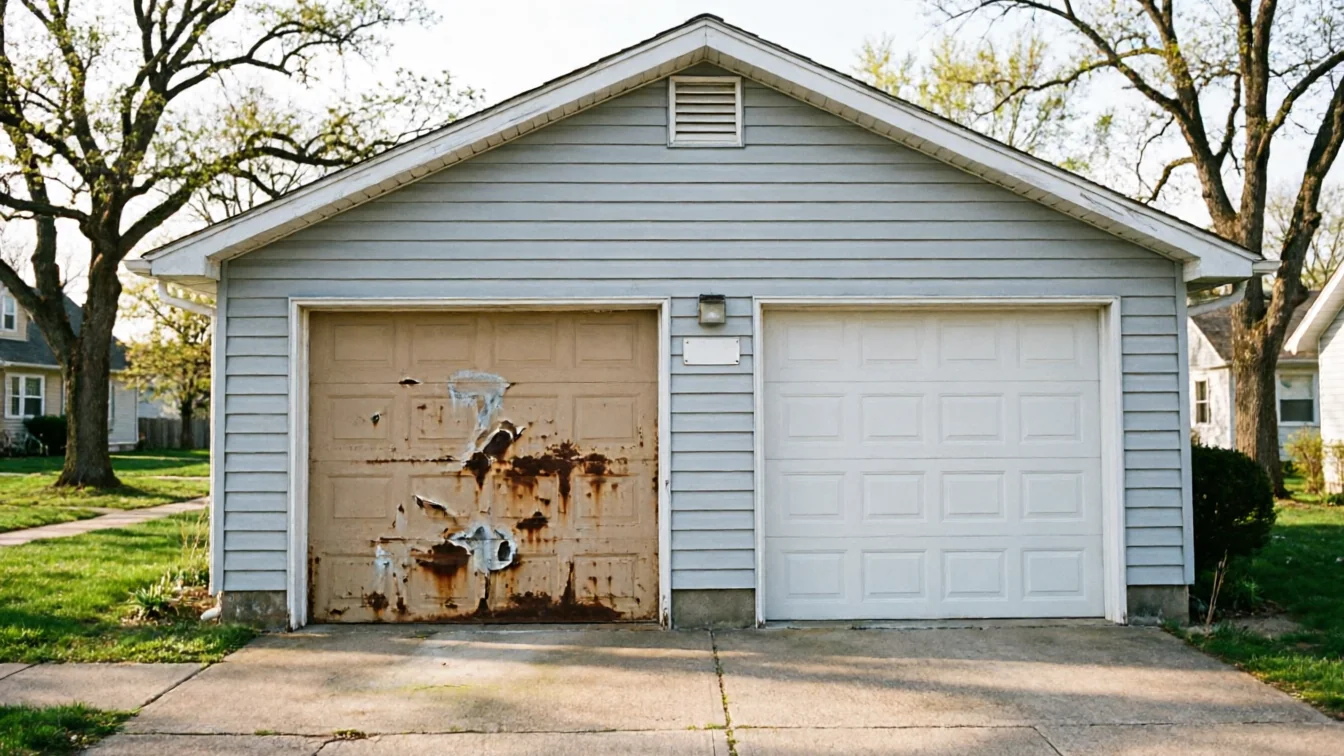 A two-car garage has one old, rusty door and one new, white door.
