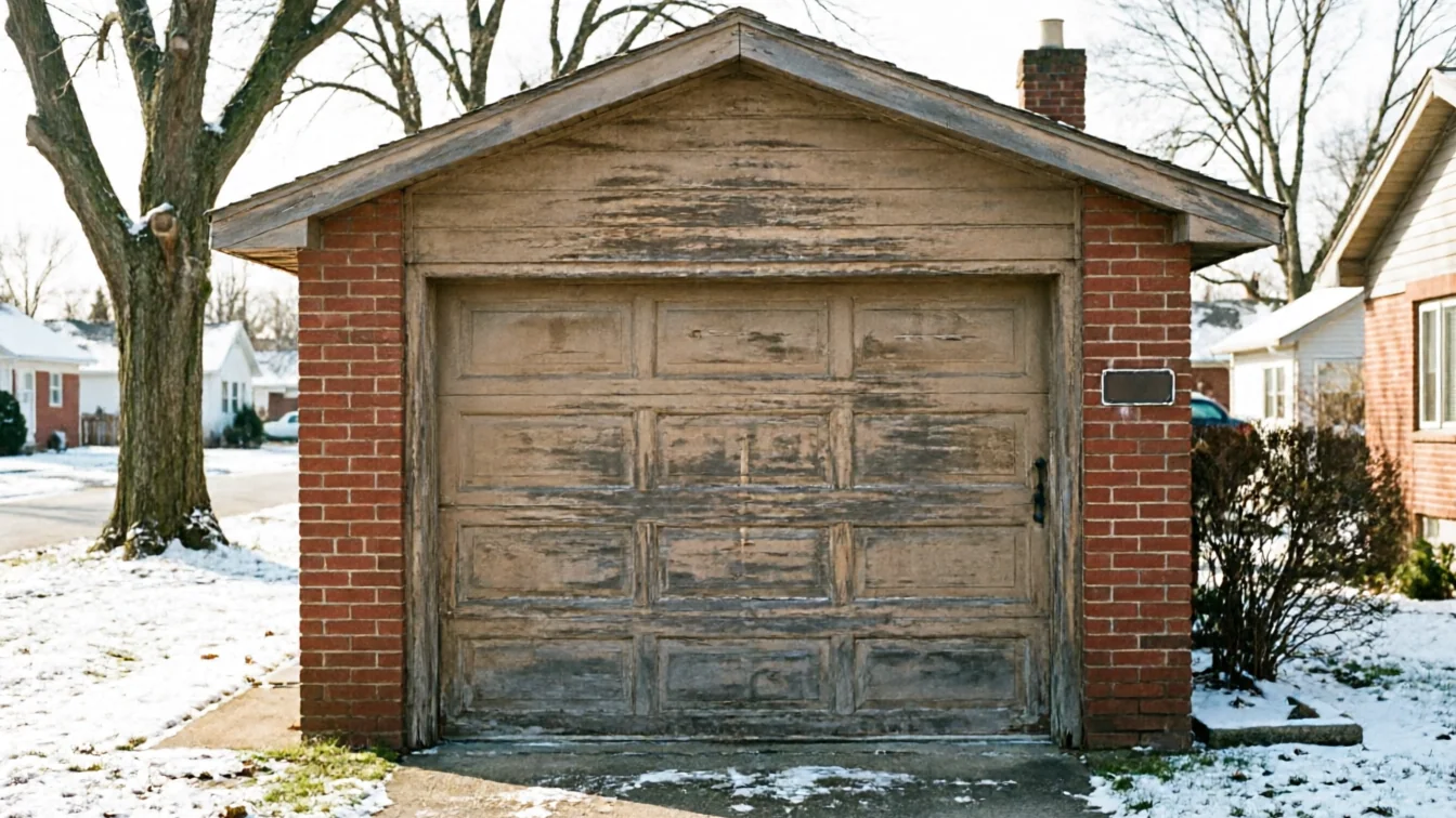 A weathered wooden garage door with peeling paint on a brick garage in winter.