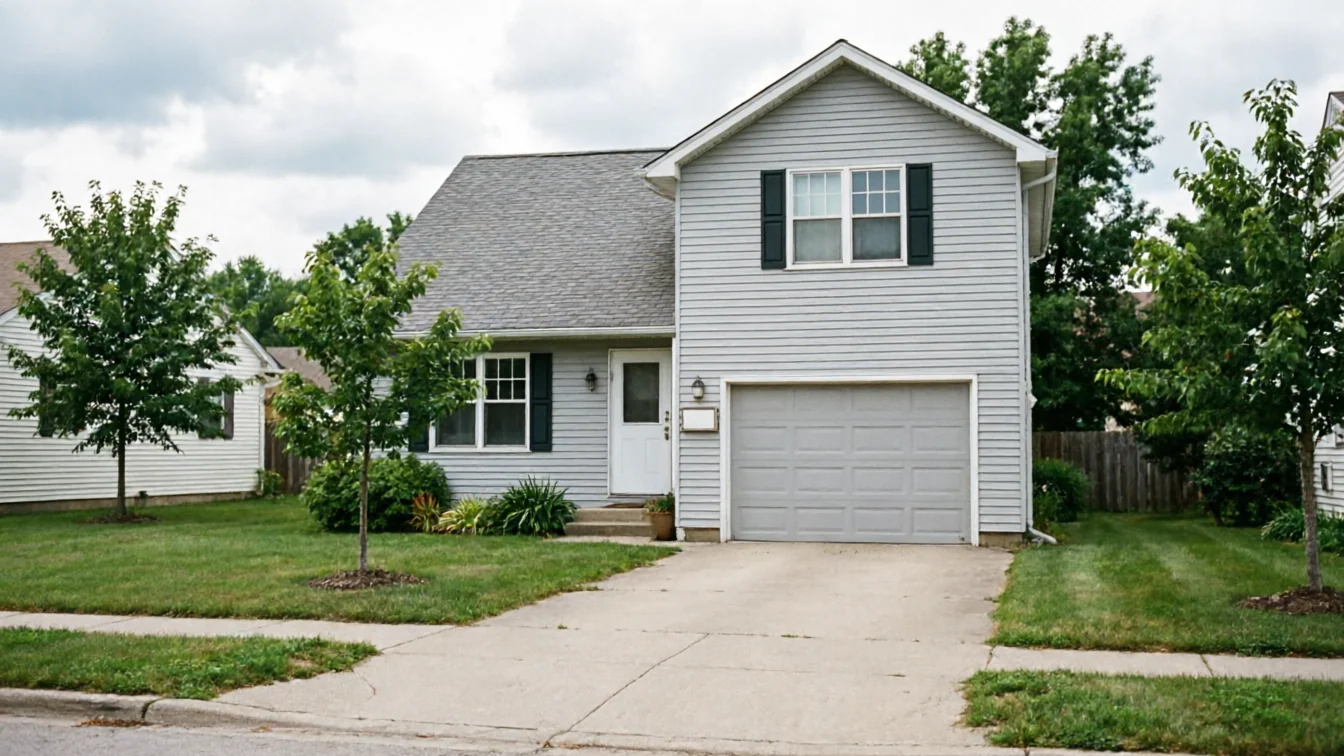 A light gray house with a gray garage door, green lawn, and trees.