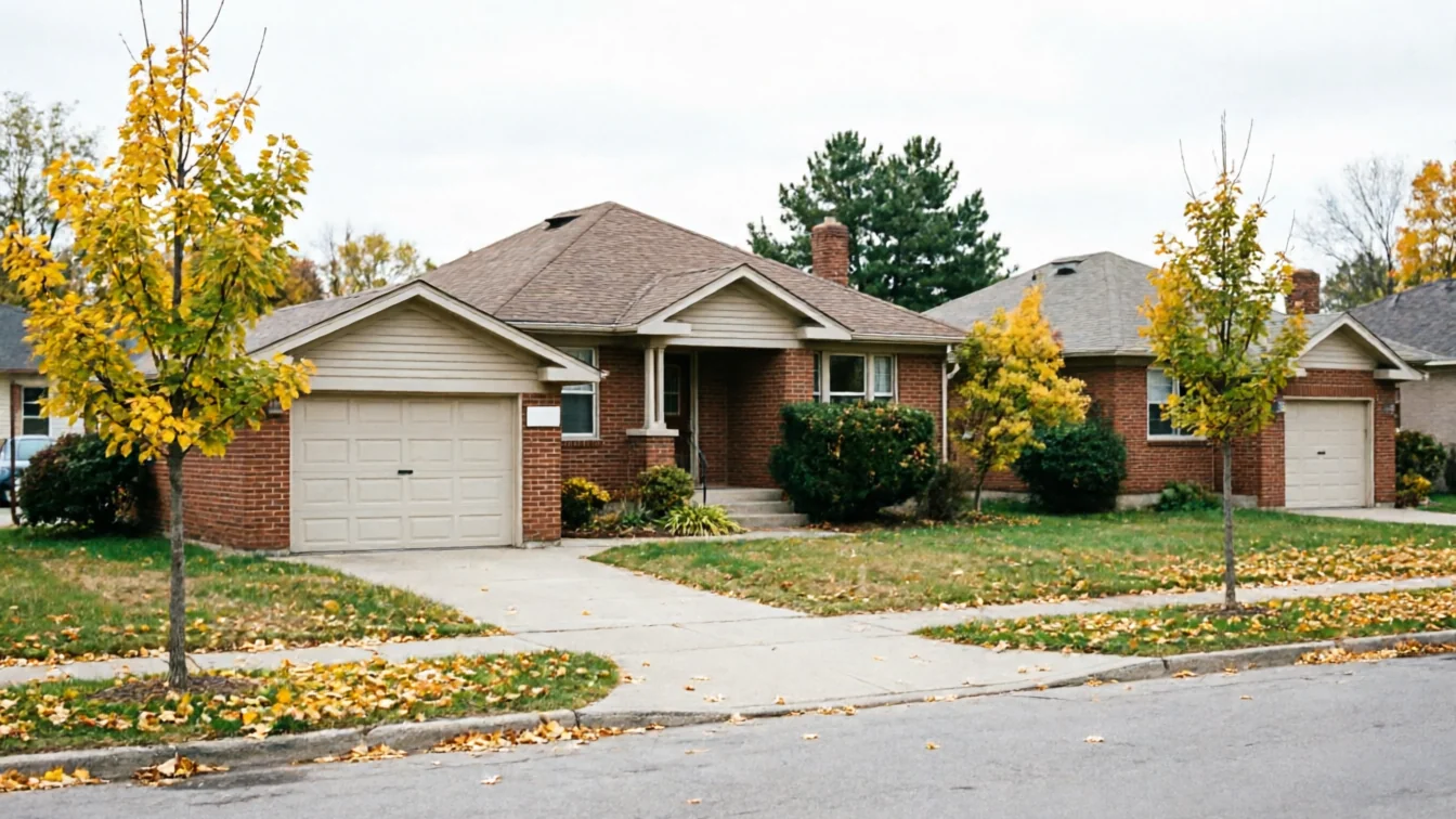 A brick house with a beige garage door and a brown roof.